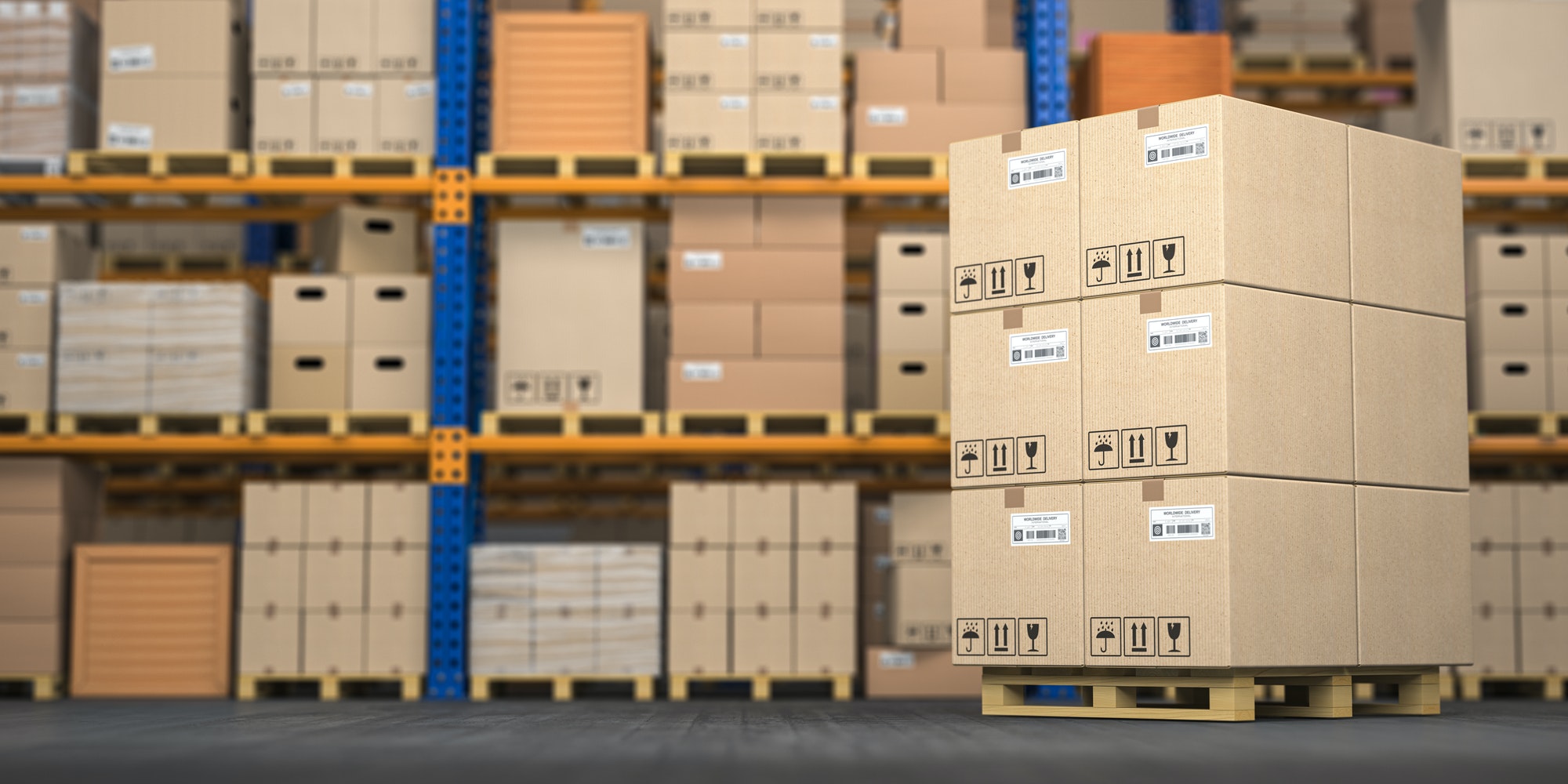 Warehouse or storage with cardboard boxes on a pallet. Logistics and mail delivery concept.